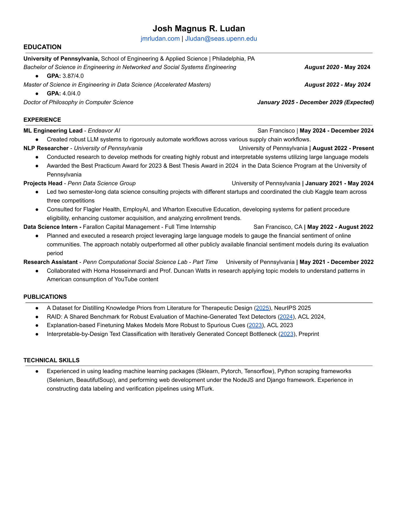 Resume of Josh Magnus R. Ludan, Winter 2025